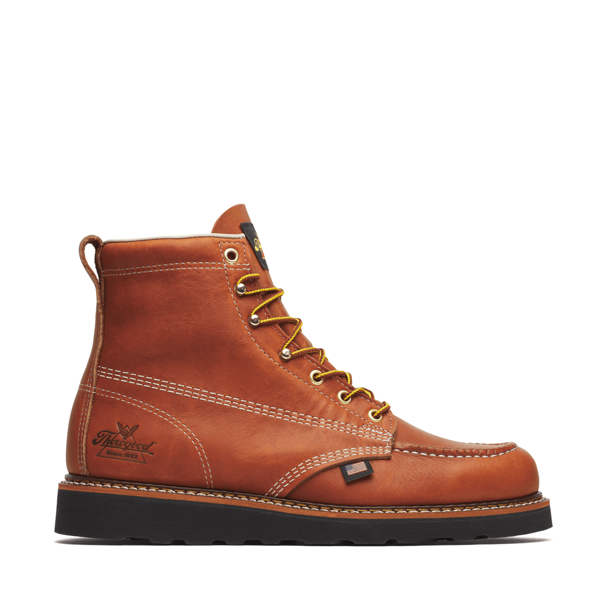 THOROGOOD AMERICAN HERITAGE 6″ TOBACCO MOC TOE BLK WEDGE WORK BOOTS 814-4188