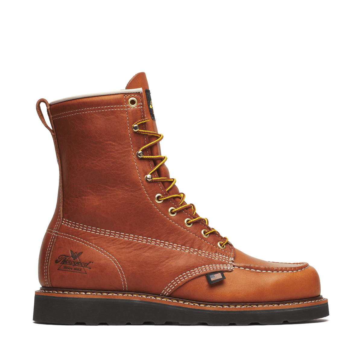 THOROGOOD AMERICAN HERITAGE 8″ TOBACCO MOC TOE BLK WEDGE WORK BOOTS 814-4288